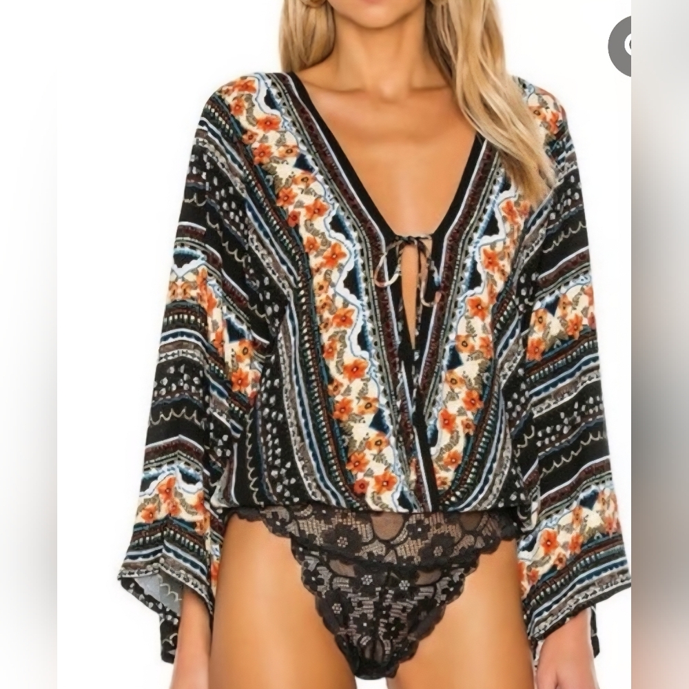 Free People Intimately For You Black Multicolor Boho Lace Bodysuit - Picture 2 of 7